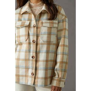 Anthropologie Avec Les Filles Boxy Blue & Cream Plaid Flannel Shacket, size M